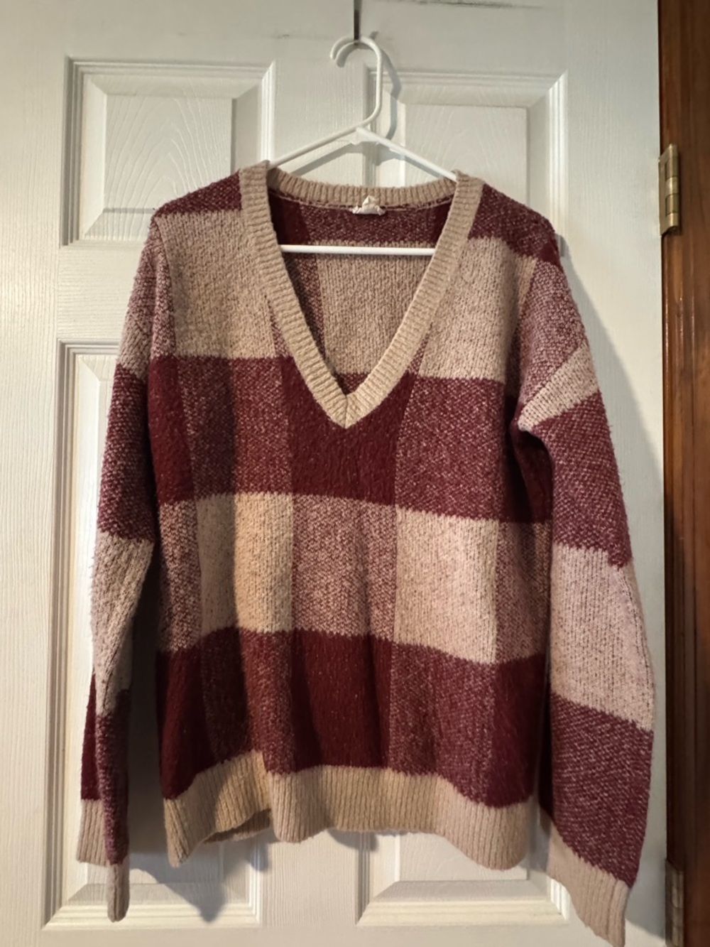 Hem & Thread V-Neck Striped Sweater in Burgundy and Cream
